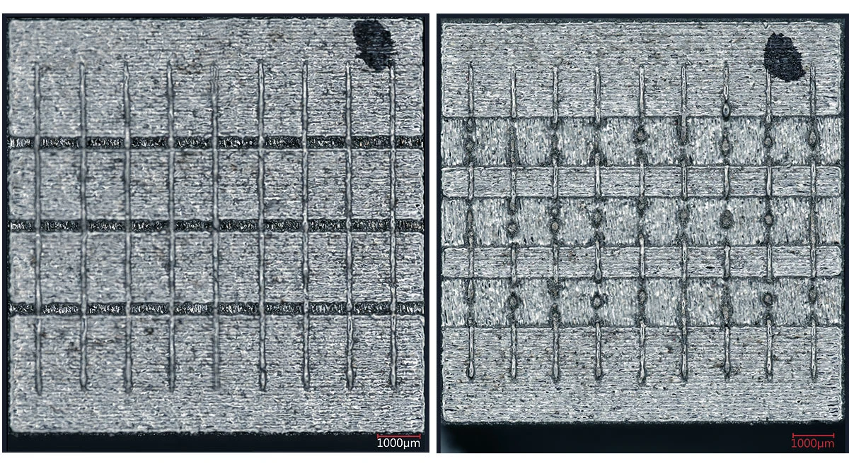 Error-free (left) and faulty (right) line printing